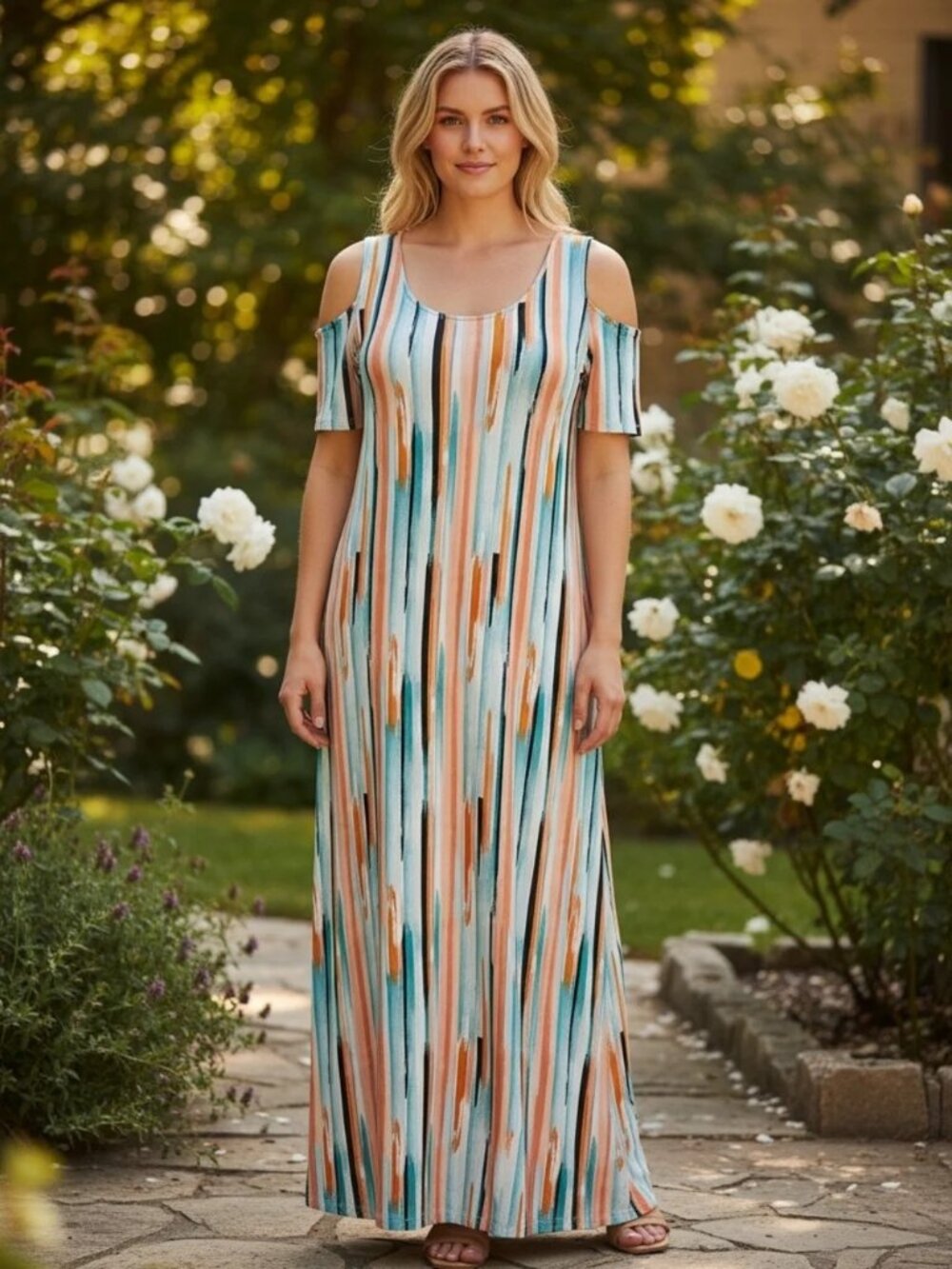 torrid Striped Cold-Shoulder Maxi Dress in Blue, Cream & Brown